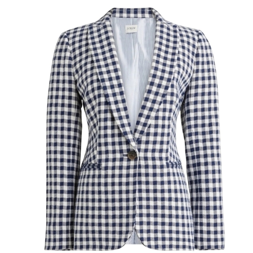 J.Crew Navy White Gingham Linen Cotton Blazer Jacket Size 6 All Season